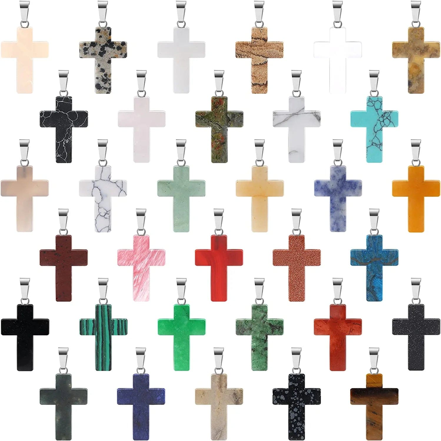 100 Pcs Natural Crystal Charms Bulk Assorted Stone Pendant Gemstone Pendants Charms Crystal Pocket Carved Quartz Chakra Reiki Beads Decor for Jewelry Making DIY Necklace Bracelet Cross Style