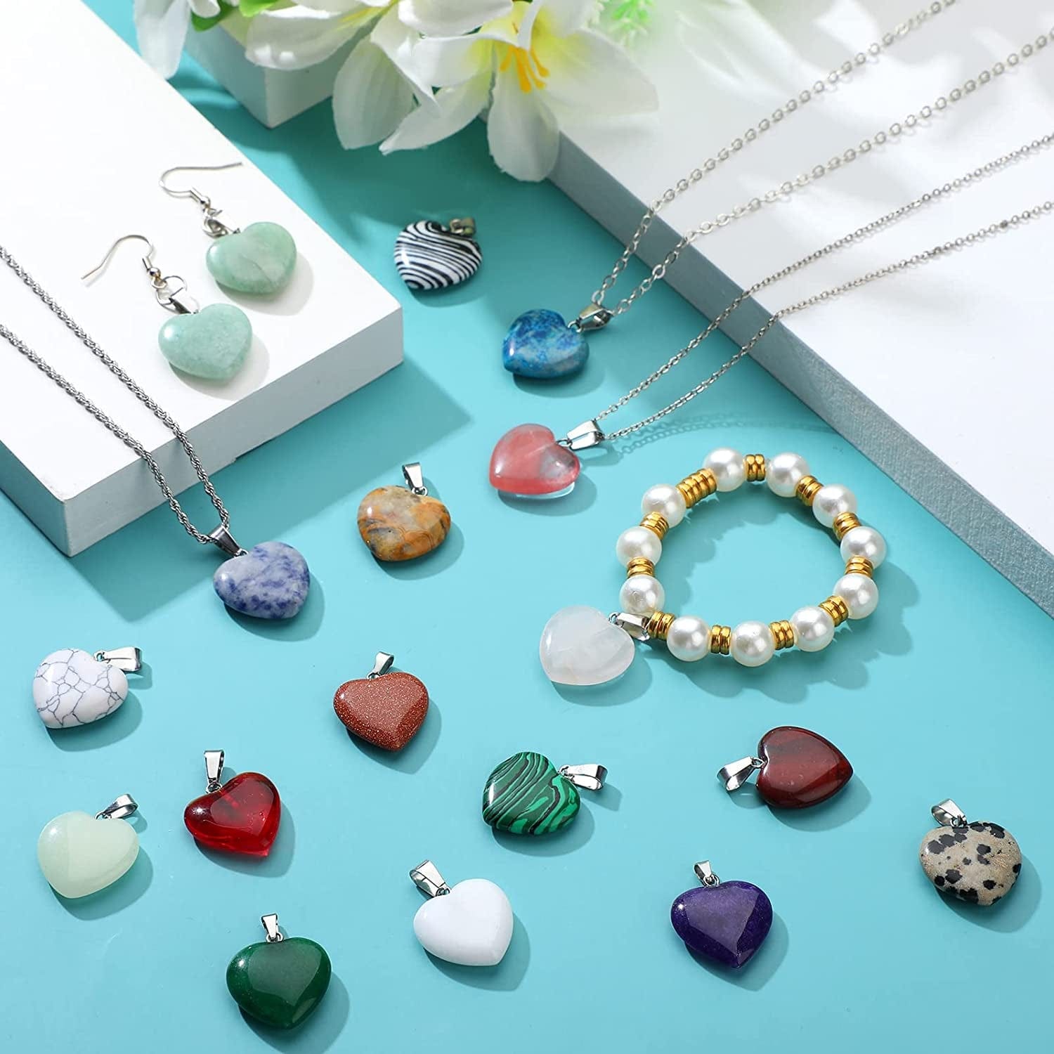 100 Pcs Natural Crystal Charms Bulk Assorted Stone Pendant Gemstone Pendants Charms Crystal Pocket Carved Quartz Chakra Reiki Beads Decor for Jewelry Making DIY Necklace Bracelet