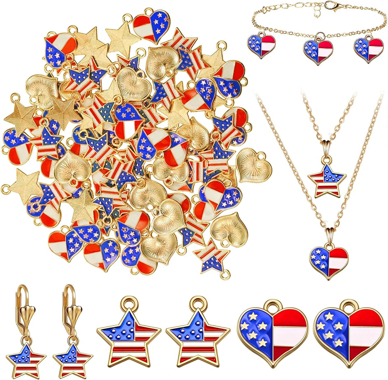 100 Pieces American Flag Star Heart Shape Charms Pendant Red White and Blue Alloy Enamel Pendants Patriotic Mini Heart Charm Pendant for DIY Independence Day Jewelry Earring Bracelet Necklace Making