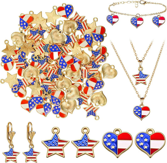 100 Pieces American Flag Star Heart Shape Charms Pendant Red White and Blue Alloy Enamel Pendants Patriotic Mini Heart Charm Pendant for DIY Independence Day Jewelry Earring Bracelet Necklace Making