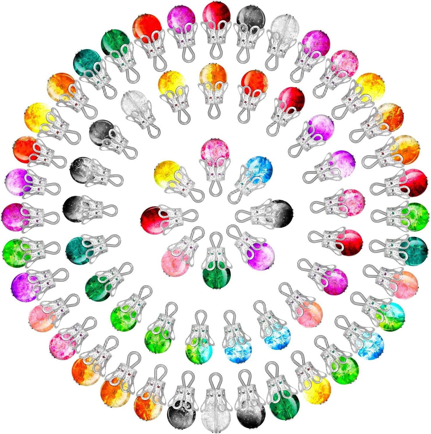 100 Pieces Assorted Colors Crystal Dangle Charms Pendants Crackle Glass Drop Beads Handmade Dangle Bead Charms with Silver Bead Cap for Jewelry Making Necklace Earring Accessory