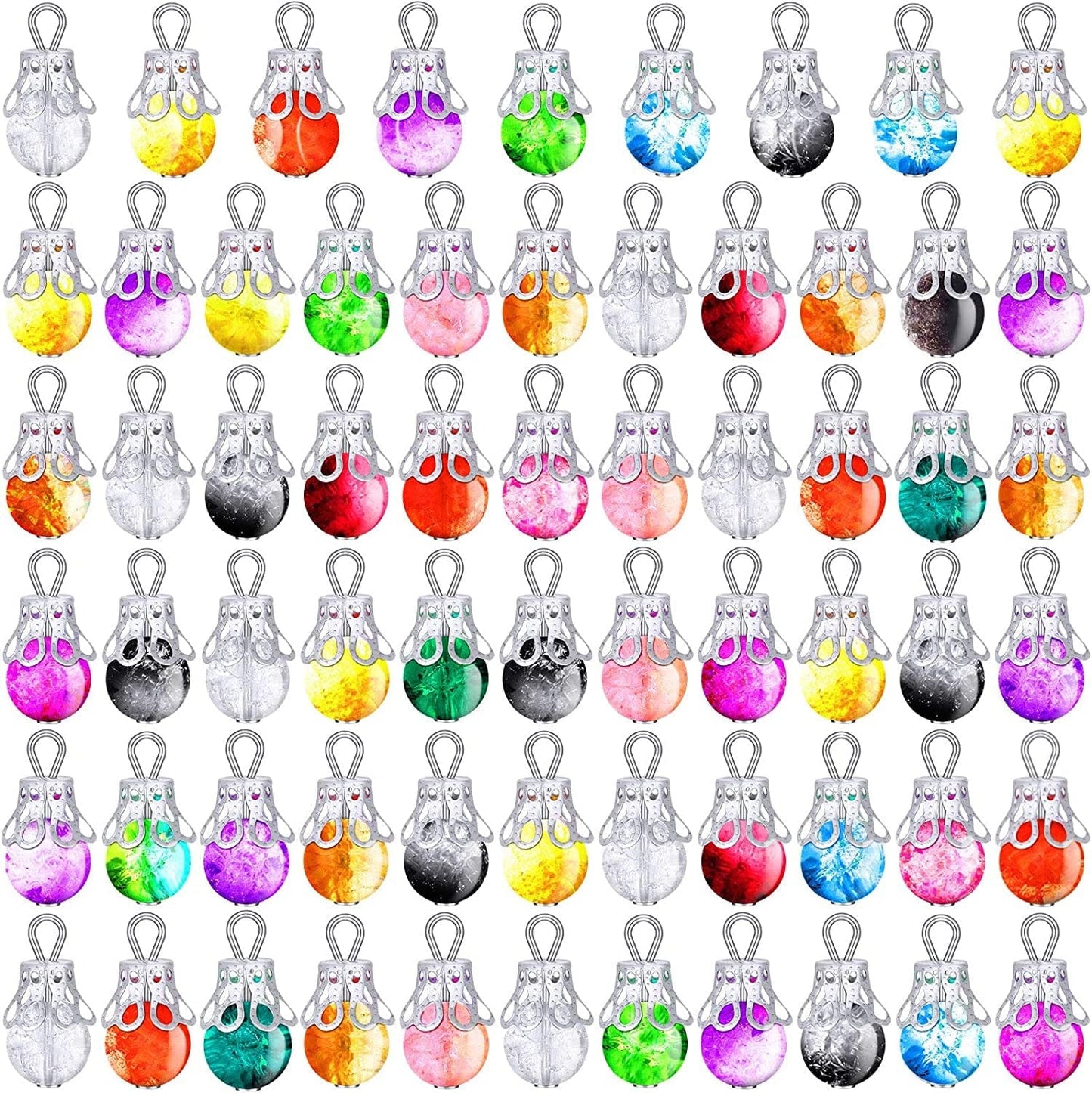 100 Pieces Assorted Colors Crystal Dangle Charms Pendants Crackle Glass Drop Beads Handmade Dangle Bead Charms with Silver Bead Cap for Jewelry Making Necklace Earring Accessory