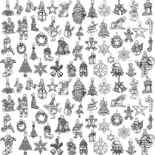 100 Pieces Christmas Charms Antique Silver Pendants Christmas Jewelry Pendant Accessory for DIY Necklace Bracelet