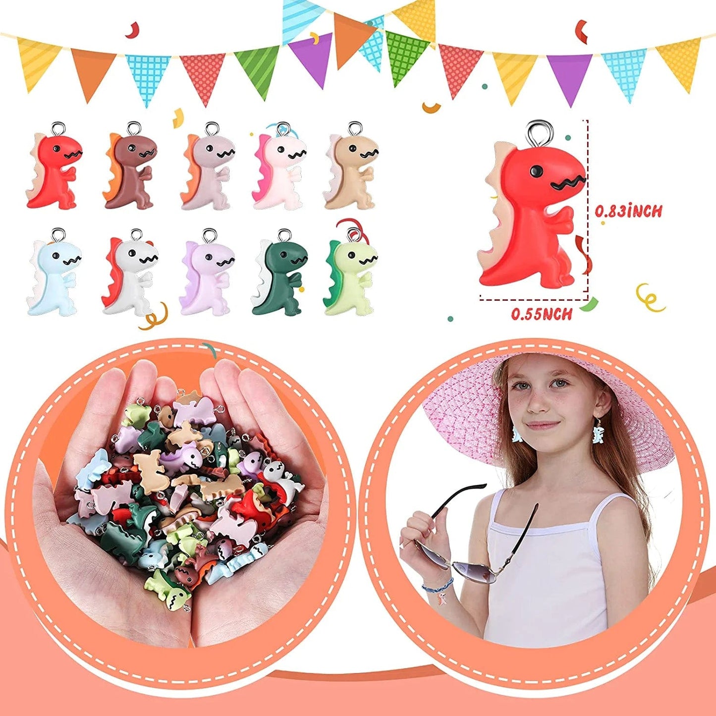 100 Pieces Dinosaur Charms for Jewelry Making, Cute Resin Dinosaur Pendants Charms for Girls Kids Earring Bracelet Necklace DIY Crafting, 10 Colors