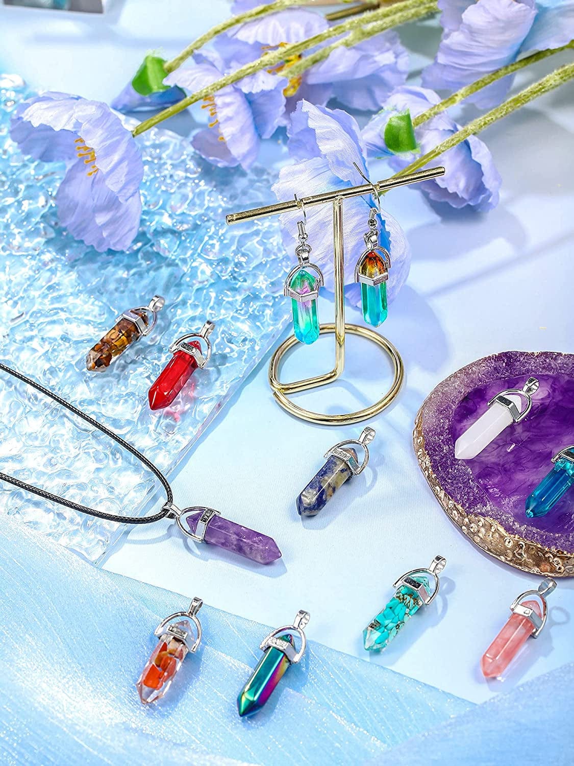 100 Pieces Hexagonal Chakra Crystal Pendant DIY Pendant Gemstone Healing Pointed Stone Beads for Necklace Earrings Bracelet Jewelry Making