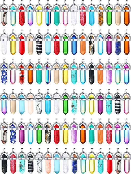 100 Pieces Hexagonal Chakra Crystal Pendant DIY Pendant Gemstone Healing Pointed Stone Beads for Necklace Earrings Bracelet Jewelry Making Classic Colors Set