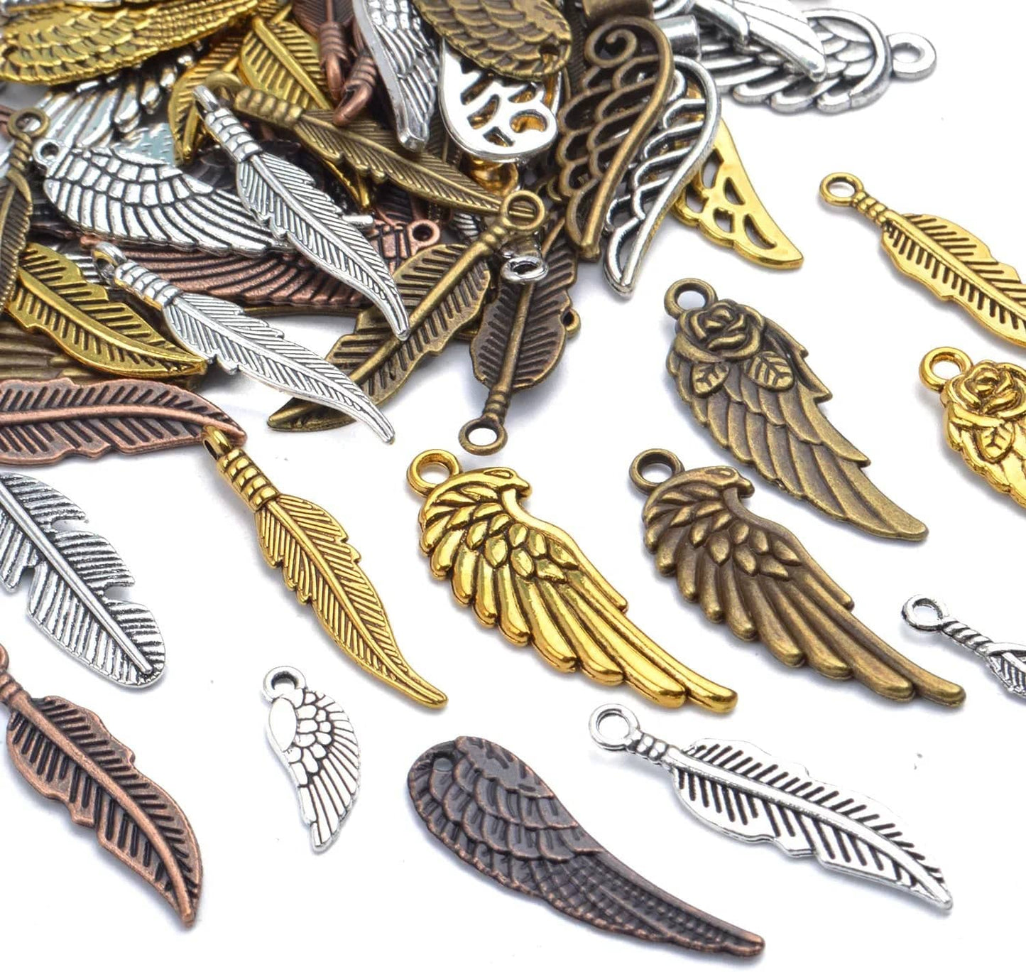 100 Pieces Mixed Colors Alloy Angel Feather Wings Charms Pendants Jewelry Findings for DIY Necklace Bracelet
