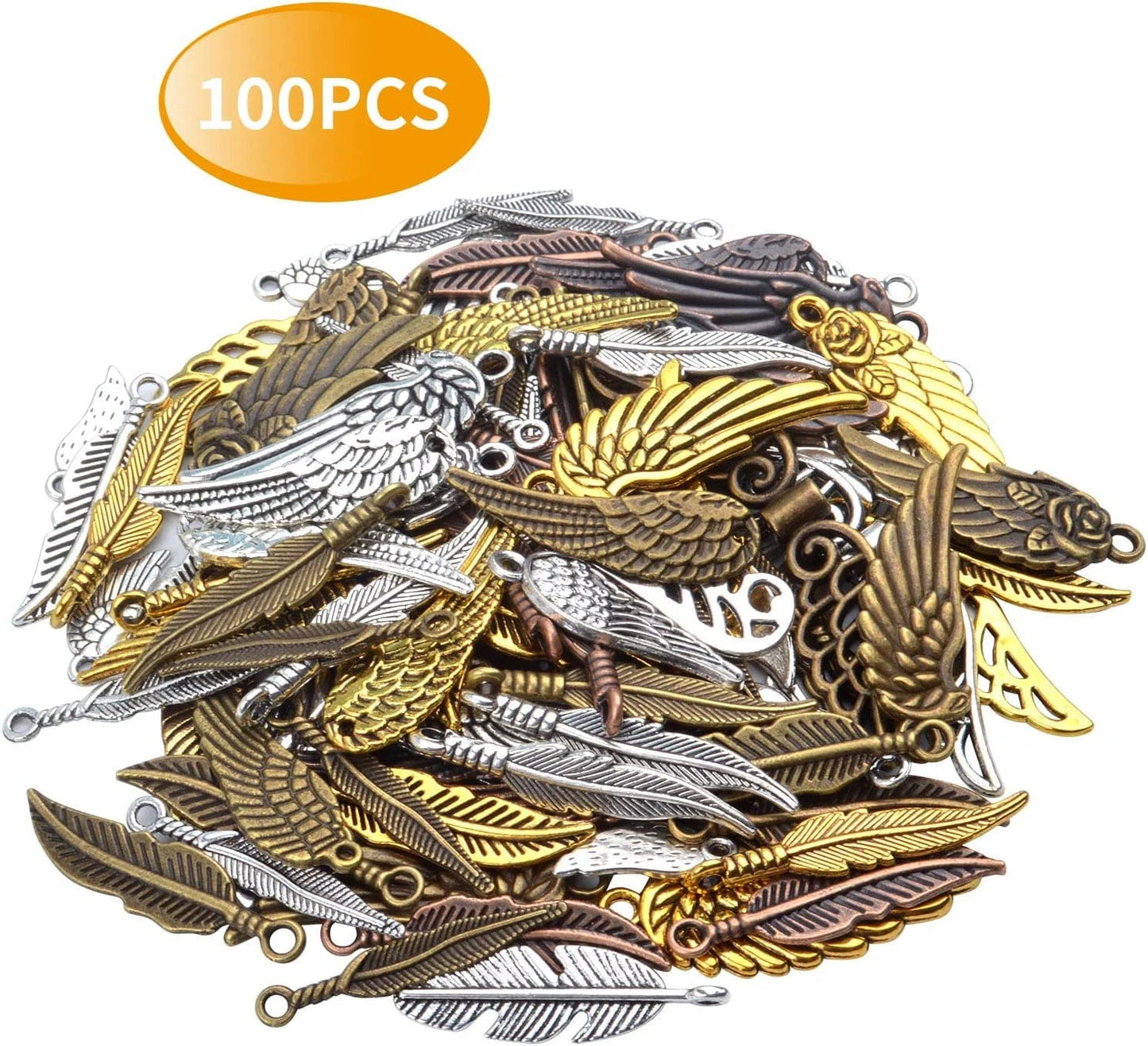 100 Pieces Mixed Colors Alloy Angel Feather Wings Charms Pendants Jewelry Findings for DIY Necklace Bracelet