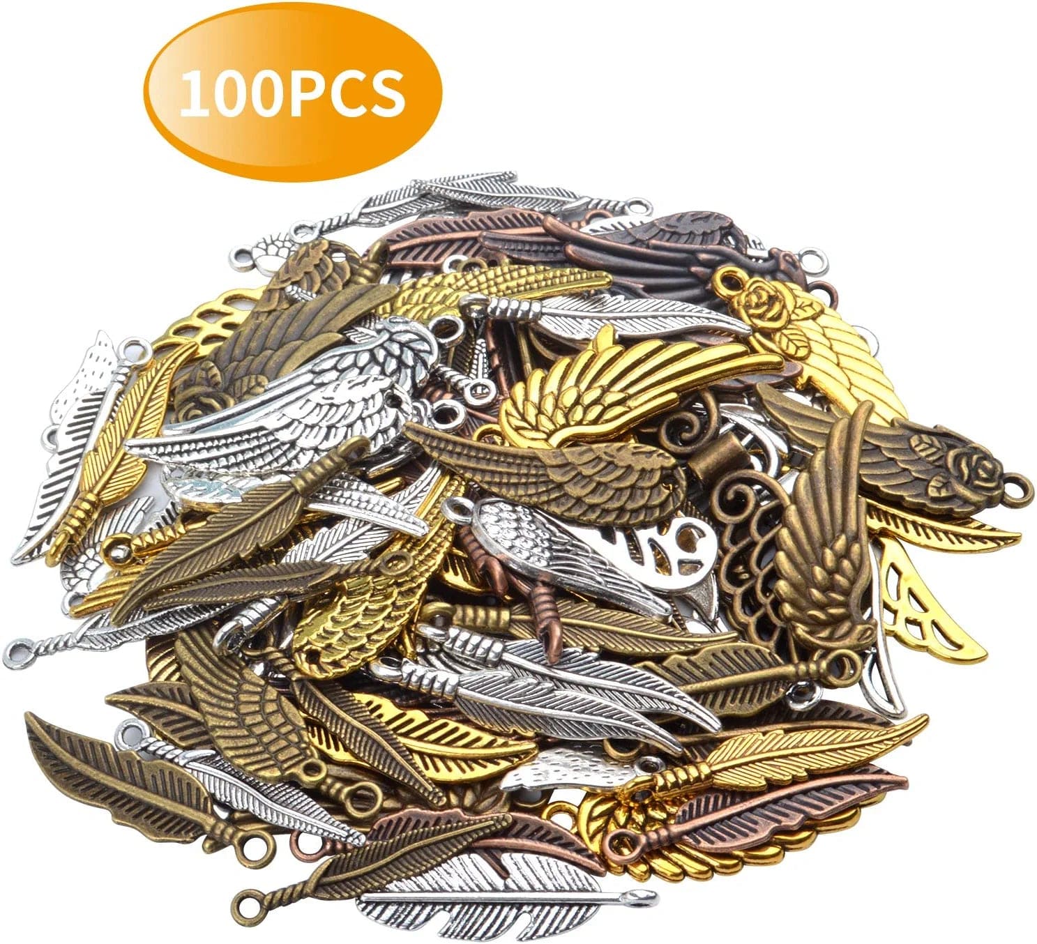 100 Pieces Mixed Colors Alloy Angel Feather Wings Charms Pendants Jewelry Findings for DIY Necklace Bracelet