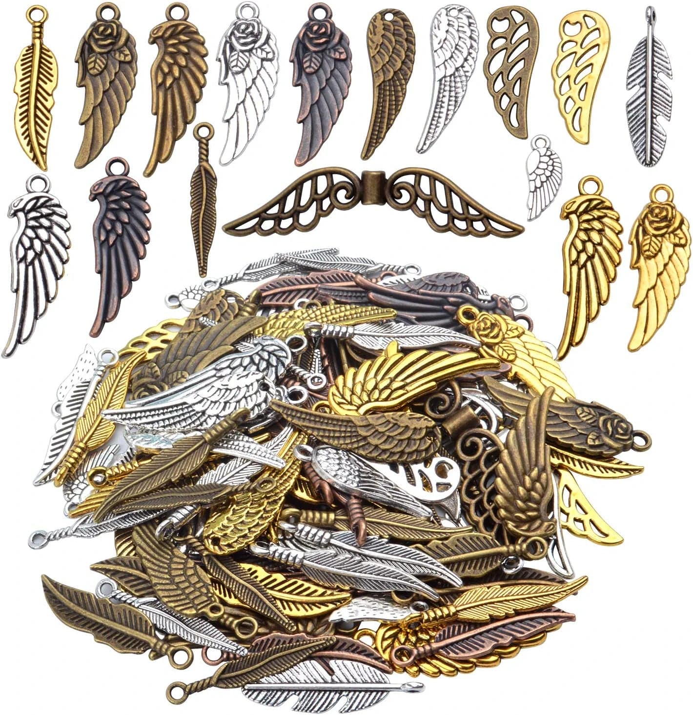 100 Pieces Mixed Colors Alloy Angel Feather Wings Charms Pendants Jewelry Findings for DIY Necklace Bracelet
