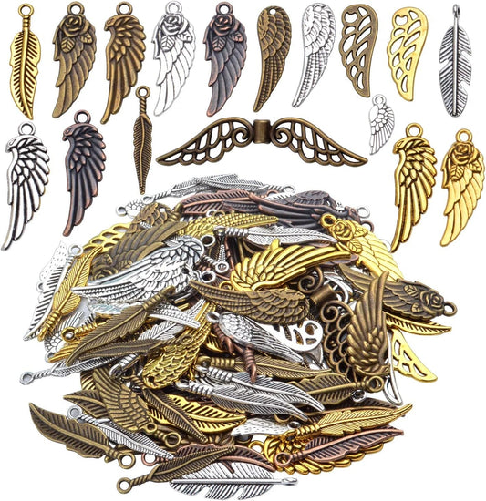 100 Pieces Mixed Colors Alloy Angel Feather Wings Charms Pendants Jewelry Findings for DIY Necklace Bracelet