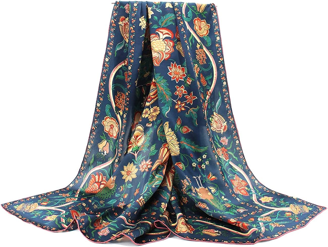 100% Pure Mulberry Silk Scarf 43" Large Square Lightweight Headscarf& Shawl–Women Hair Wraps-With Gift Packed Apparel & Accessories > Clothing Accessories > Scarves & Shawls KYLIE MAX Flowers-navy