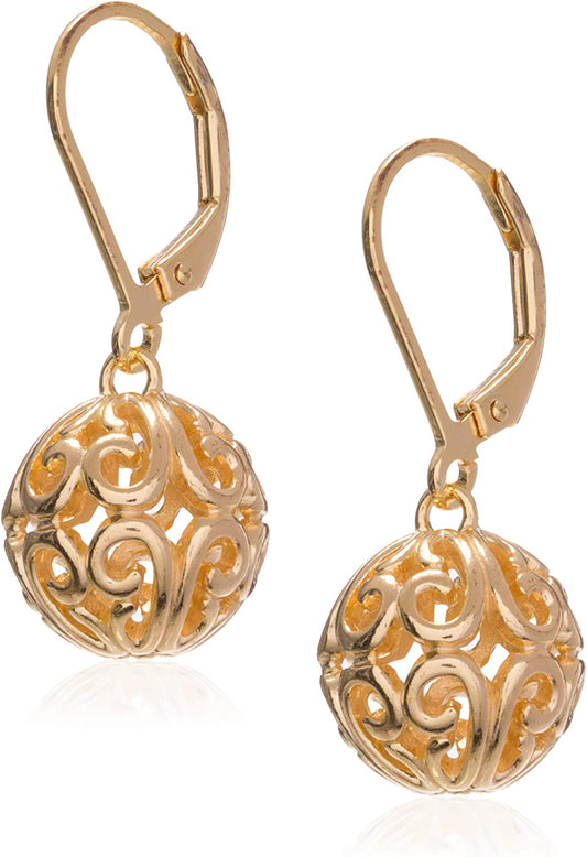 Collection 18K Yellow Gold Plated Sterling Silver Filigree Ball Leverback Dangle Earrings Apparel & Accessories > Jewelry > Earrings Amazon Collection