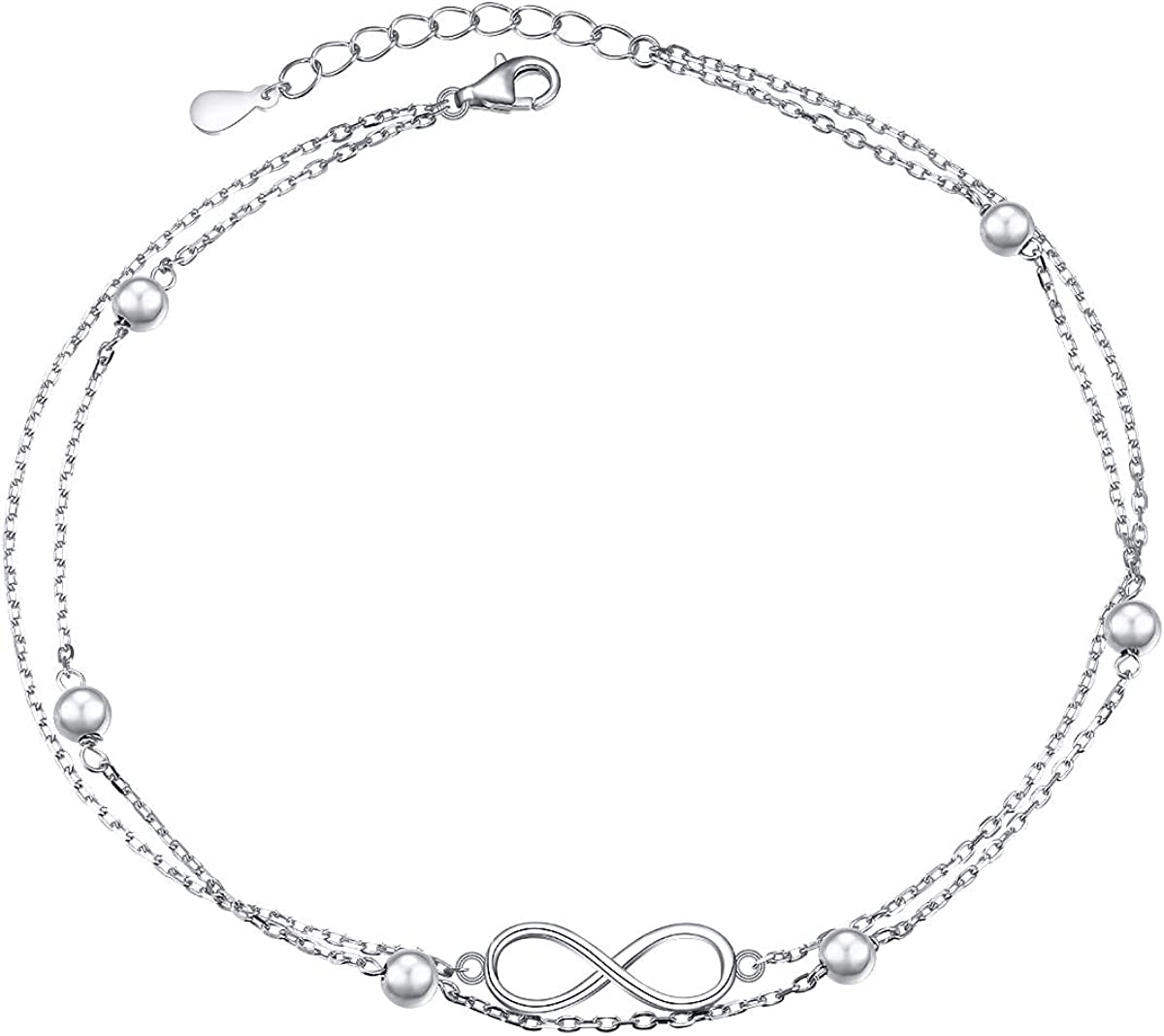 Flyow Anklet for Women S925 Sterling Silver Adjustable Foot Beaded Heart Charm Ankle Bracelet Anklets Jewelry Apparel & Accessories > Jewelry > Anklets FLYOW silver infinity 10+1