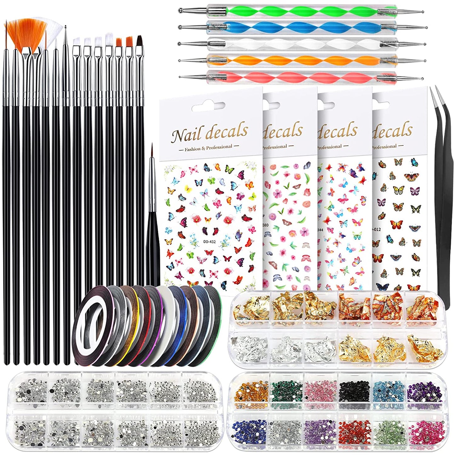 Nail Art Brushes Kit, Teenitor Nail Art Tool with Nail Dotting Tools, 3D Butterfly Nail Art Stickers, Nail Art Rhinestones and Pick up Tweezer, Nail Foil Flakes, Nail Art Striping Tape Health & Beauty > Personal Care > Cosmetics > Cosmetic Tools > Nail Tools Teenitor Black