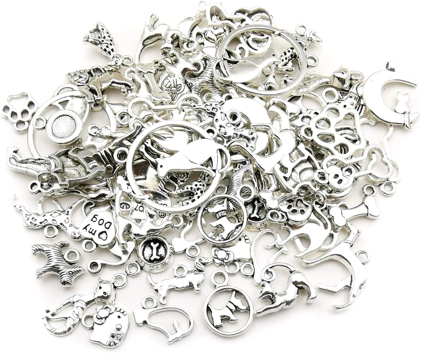100G(80Pcs) Craft Supplies Antique Silver Animals Cat Dog Pet Charms Pendants for Crafting, Jewelry Findings Making Accessory for DIY Necklace Bracelet (M293)