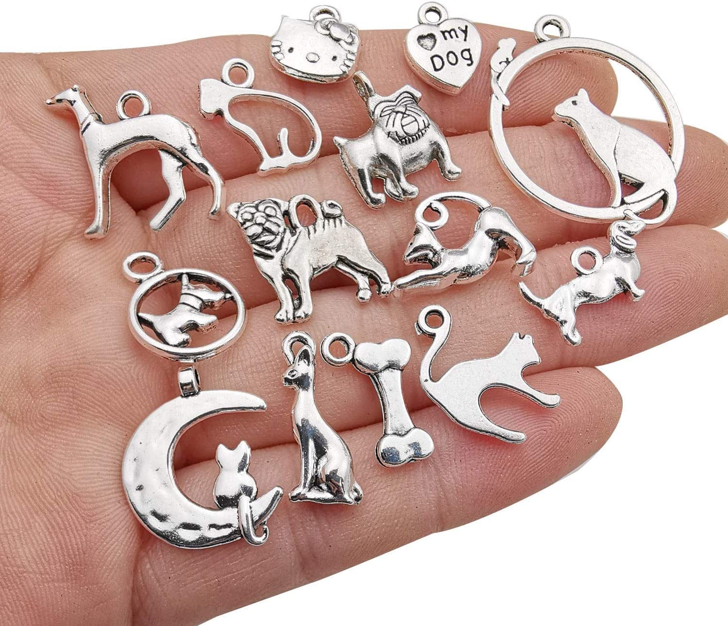 100G(80Pcs) Craft Supplies Antique Silver Animals Cat Dog Pet Charms Pendants for Crafting, Jewelry Findings Making Accessory for DIY Necklace Bracelet (M293)