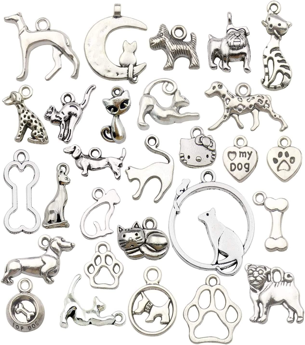 100G(80Pcs) Craft Supplies Antique Silver Animals Cat Dog Pet Charms Pendants for Crafting, Jewelry Findings Making Accessory for DIY Necklace Bracelet (M293) M293