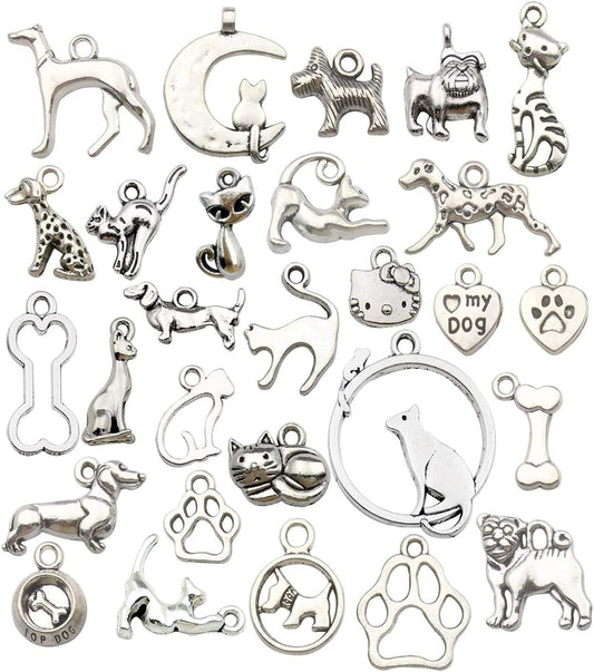100G(80Pcs) Craft Supplies Antique Silver Animals Cat Dog Pet Charms Pendants for Crafting, Jewelry Findings Making Accessory for DIY Necklace Bracelet (M293) M293