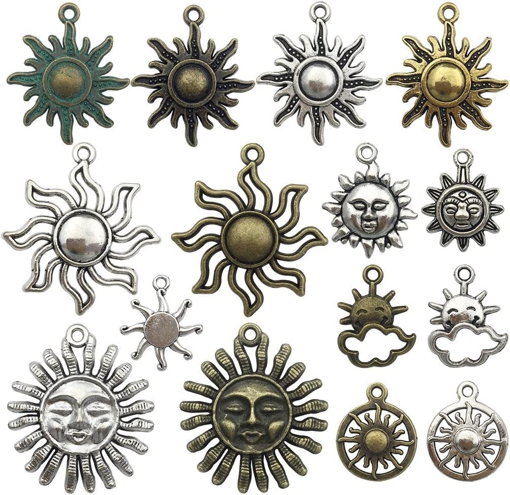 100G(80Pcs) Craft Supplies Mixed Antique Silver Sun Moon Stars Charms Pendants for Crafting, Jewelry Findings Making Accessory for DIY Necklace Bracelet (M250) M006