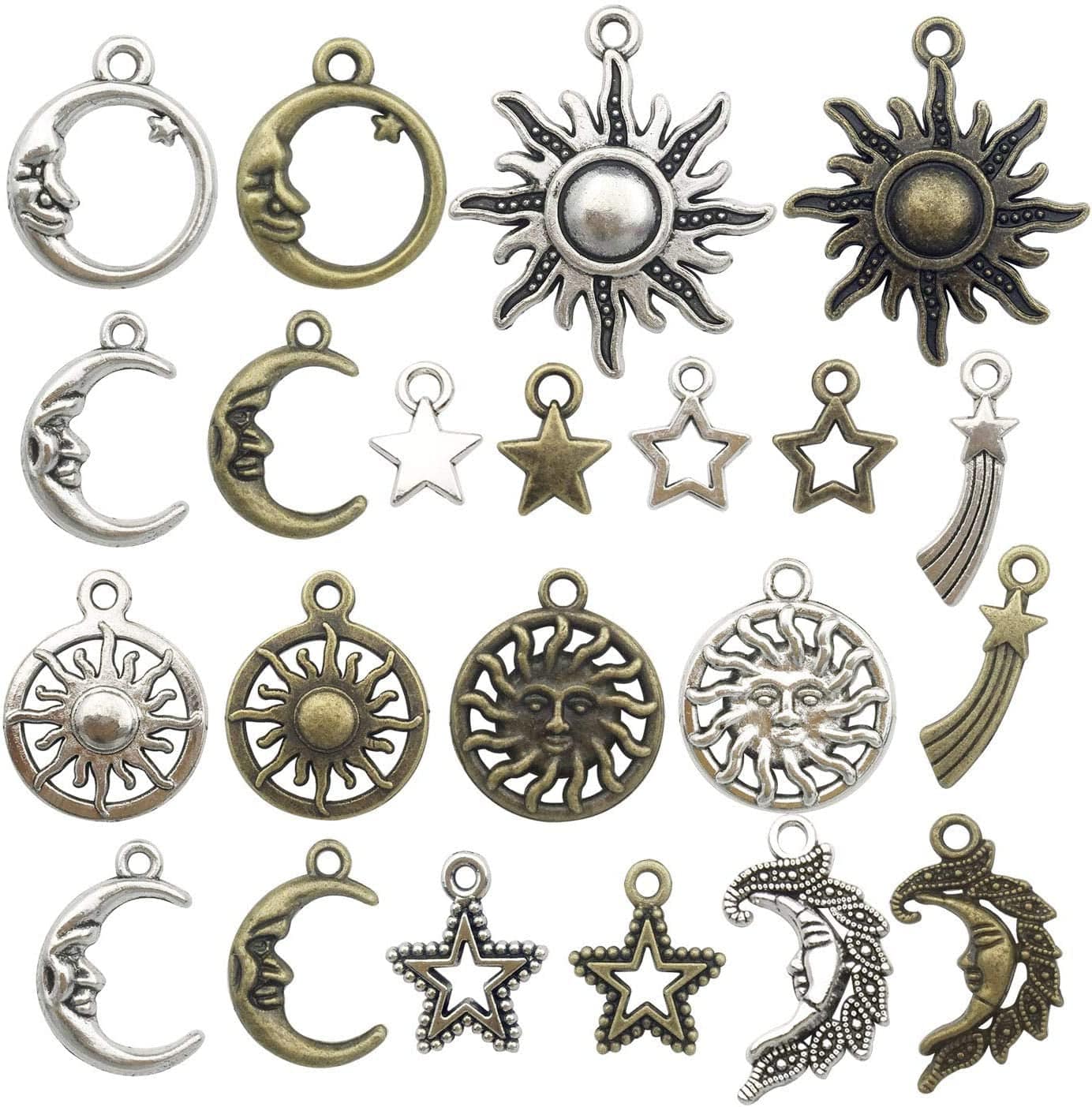 100G(80Pcs) Craft Supplies Mixed Antique Silver Sun Moon Stars Charms Pendants for Crafting, Jewelry Findings Making Accessory for DIY Necklace Bracelet (M250) M081