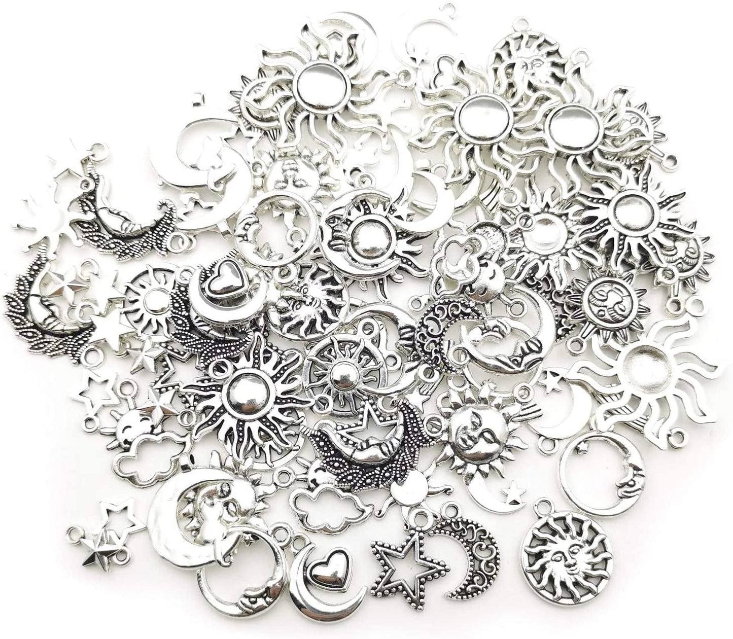 100G(80Pcs) Craft Supplies Mixed Antique Silver Sun Moon Stars Charms Pendants for Crafting, Jewelry Findings Making Accessory for DIY Necklace Bracelet (M250)