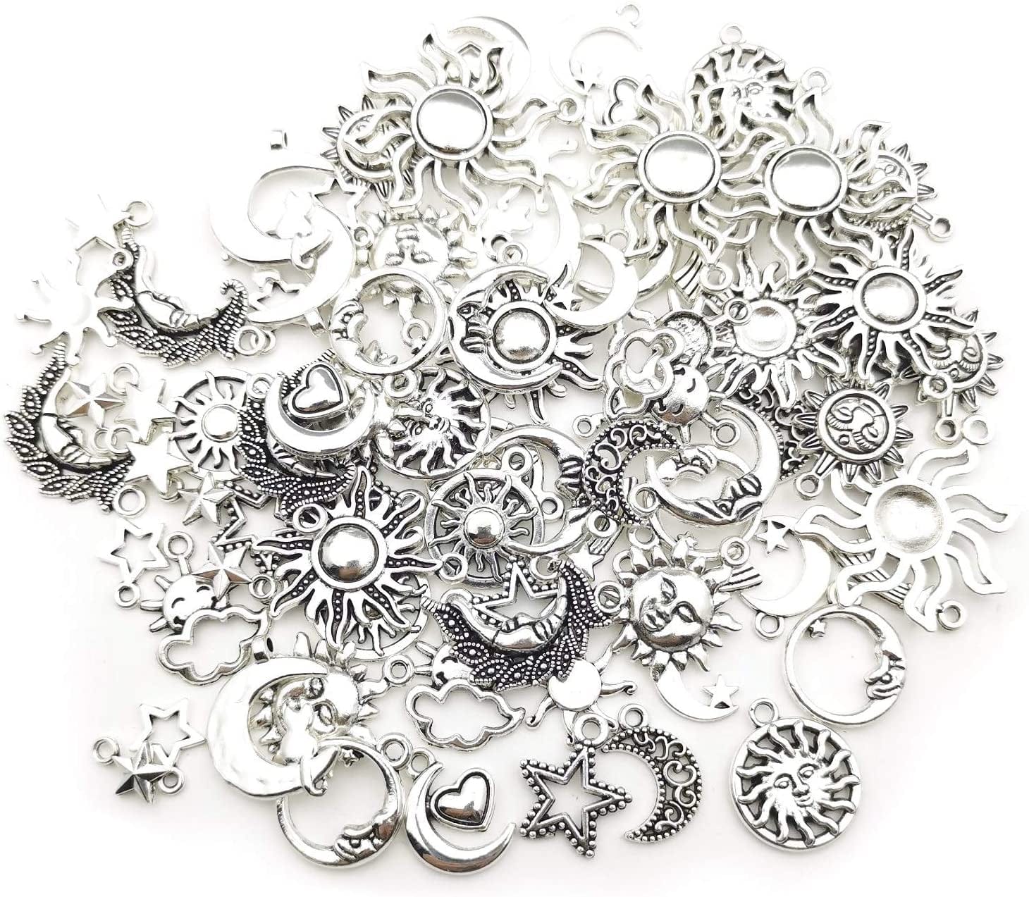 100G(80Pcs) Craft Supplies Mixed Antique Silver Sun Moon Stars Charms Pendants for Crafting, Jewelry Findings Making Accessory for DIY Necklace Bracelet (M250)