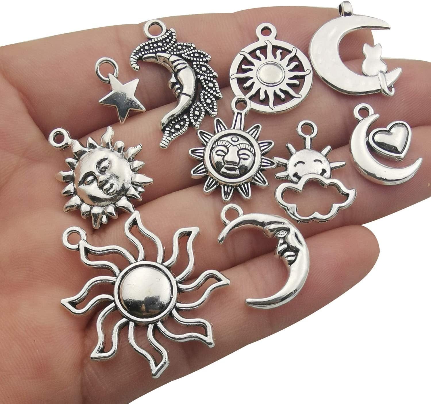 100G(80Pcs) Craft Supplies Mixed Antique Silver Sun Moon Stars Charms Pendants for Crafting, Jewelry Findings Making Accessory for DIY Necklace Bracelet (M250)