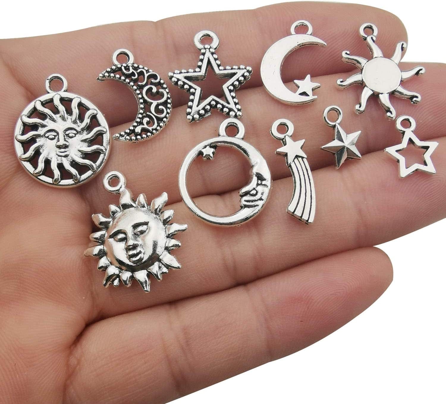 100G(80Pcs) Craft Supplies Mixed Antique Silver Sun Moon Stars Charms Pendants for Crafting, Jewelry Findings Making Accessory for DIY Necklace Bracelet (M250)