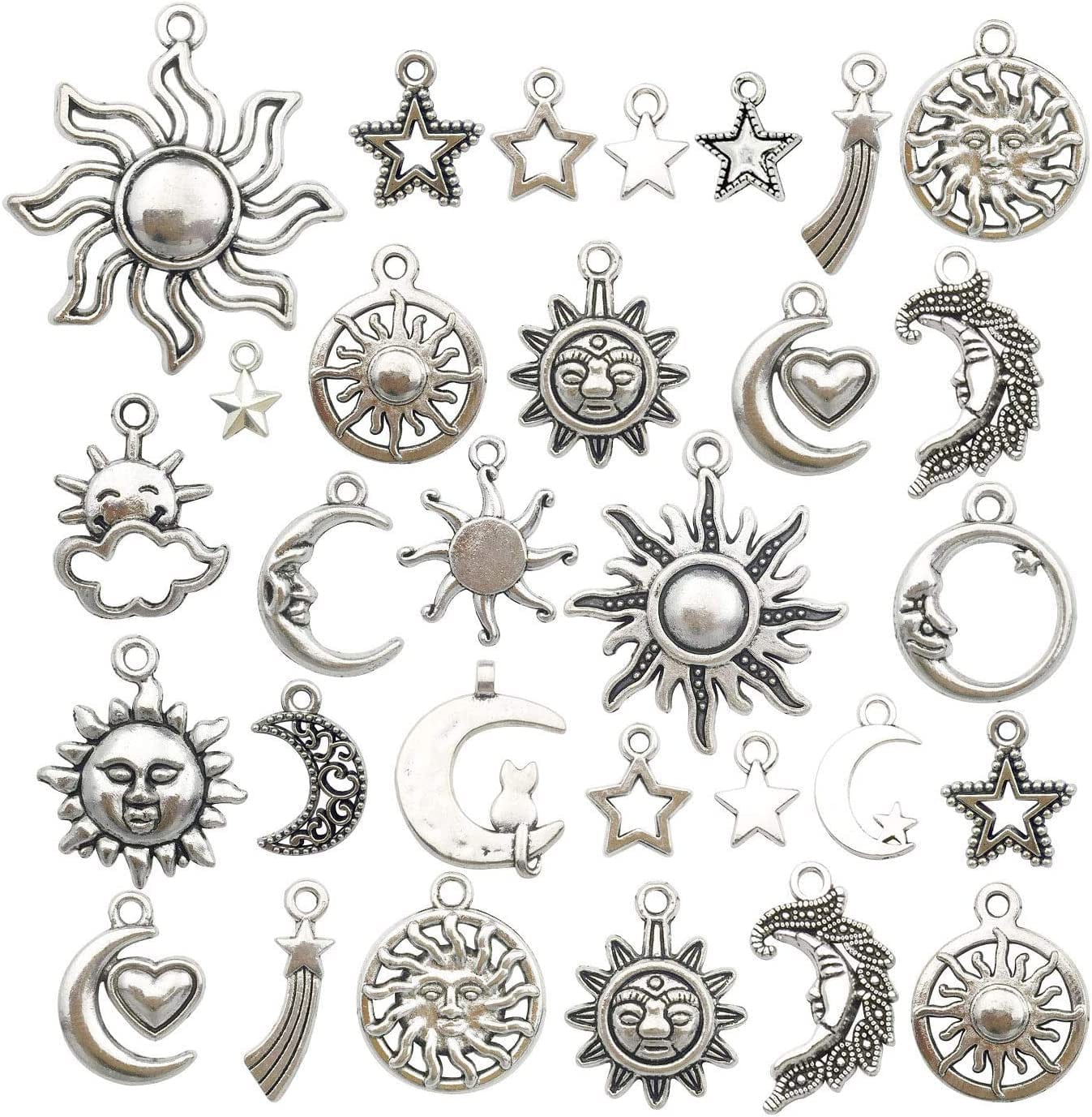 100G(80Pcs) Craft Supplies Mixed Antique Silver Sun Moon Stars Charms Pendants for Crafting, Jewelry Findings Making Accessory for DIY Necklace Bracelet (M250) M250
