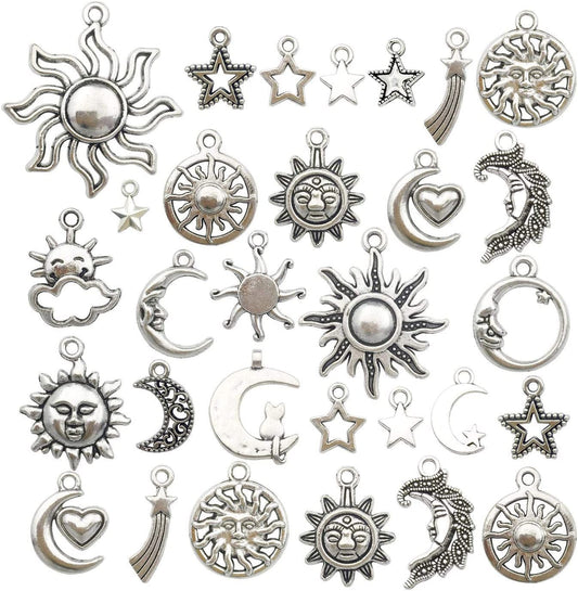 100G(80Pcs) Craft Supplies Mixed Antique Silver Sun Moon Stars Charms Pendants for Crafting, Jewelry Findings Making Accessory for DIY Necklace Bracelet (M250) M250