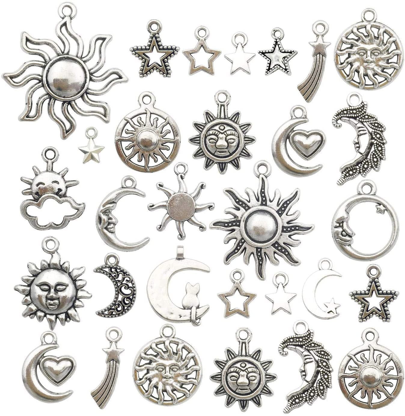 100G(80Pcs) Wholesale Bulk Lots Antique Silver Animals Cat Dog Pet Charms Pendants for Jewelry Making Crafting Findings Accessory for DIY Necklace Bracelet Earrings SM293 Sun Charms