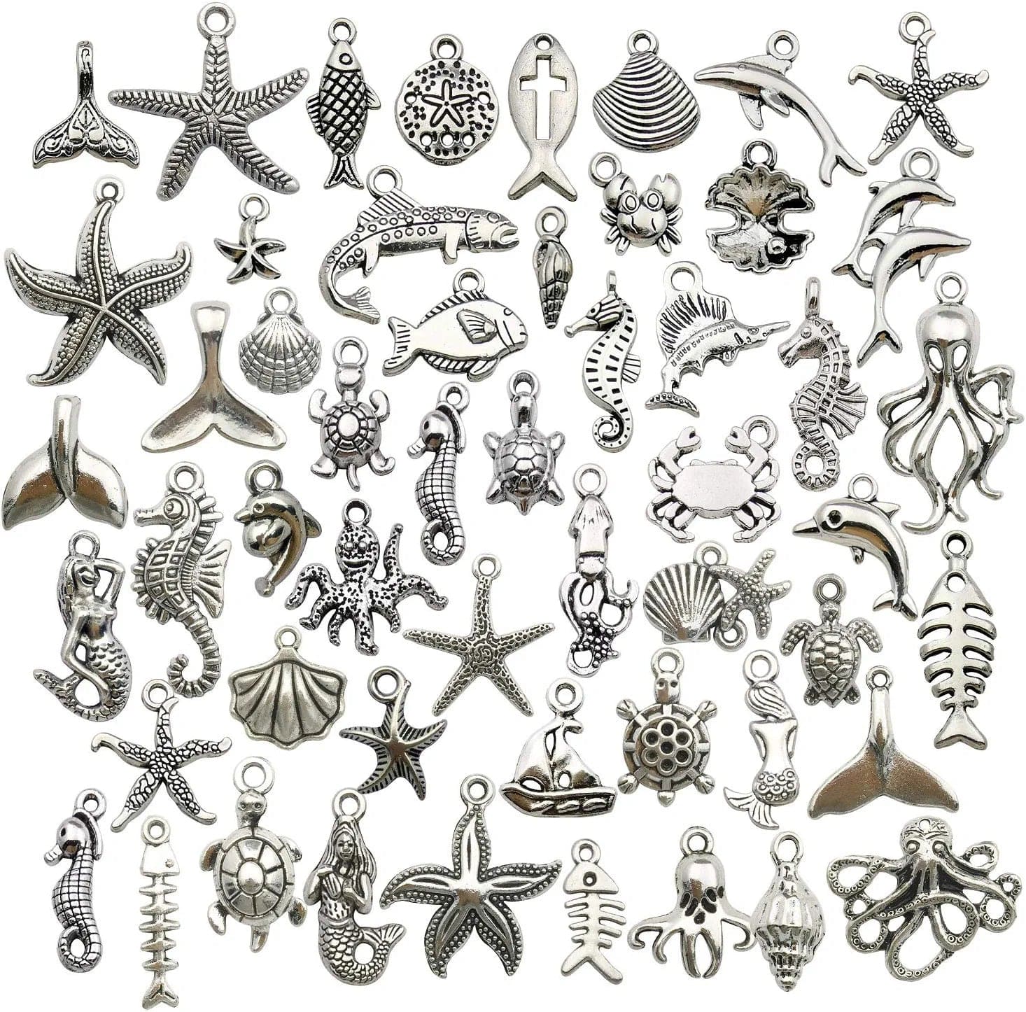 100G(80Pcs) Wholesale Bulk Lots Antique Silver Animals Cat Dog Pet Charms Pendants for Jewelry Making Crafting Findings Accessory for DIY Necklace Bracelet Earrings SM293 Sea Animals