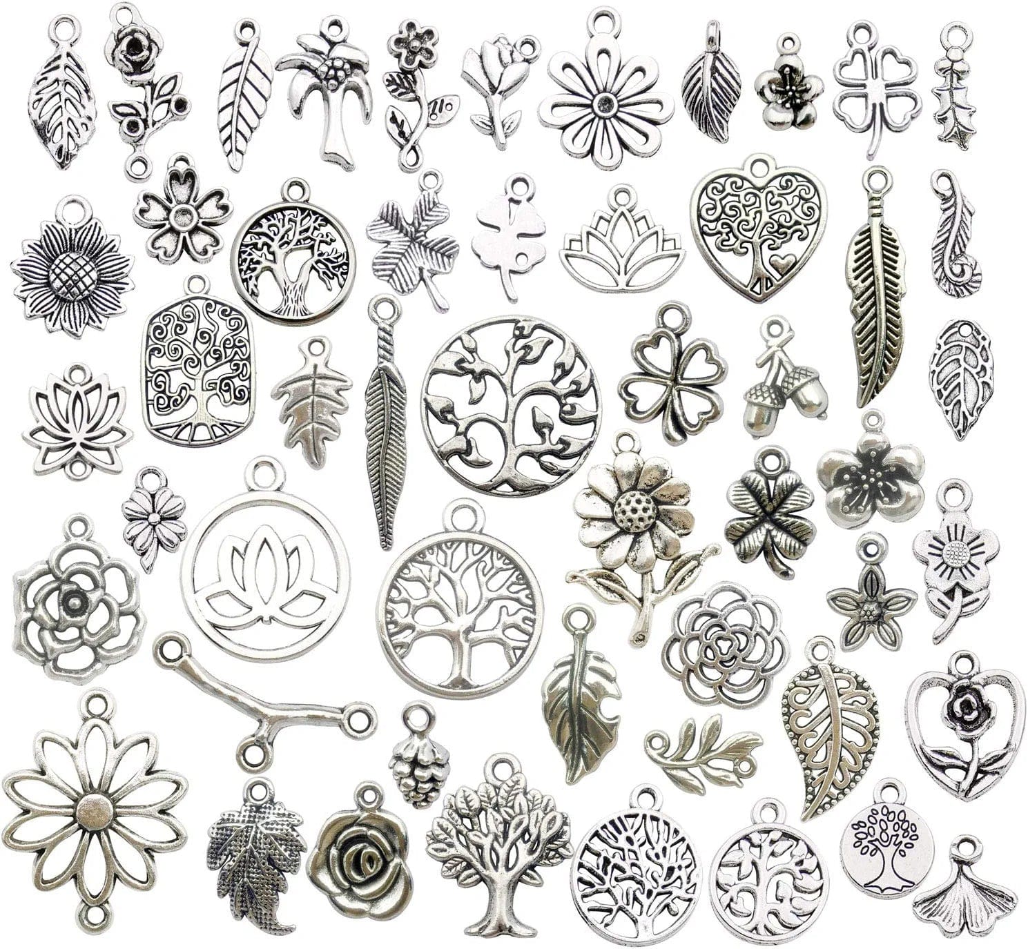 100G(80Pcs) Wholesale Bulk Lots Antique Silver Animals Cat Dog Pet Charms Pendants for Jewelry Making Crafting Findings Accessory for DIY Necklace Bracelet Earrings SM293 Tree Flower Charms