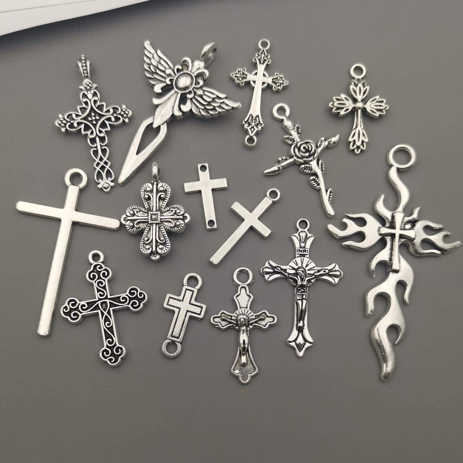 100G (About 42Pcs) Craft Supplies Antique Silver Jesus Christ Cross Charms Pendants for Crafting, Jewelry Findings Making Accessory for DIY Necklace Bracelet (M266)