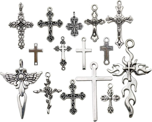 100G (About 42Pcs) Craft Supplies Antique Silver Jesus Christ Cross Charms Pendants for Crafting, Jewelry Findings Making Accessory for DIY Necklace Bracelet (M266) M266