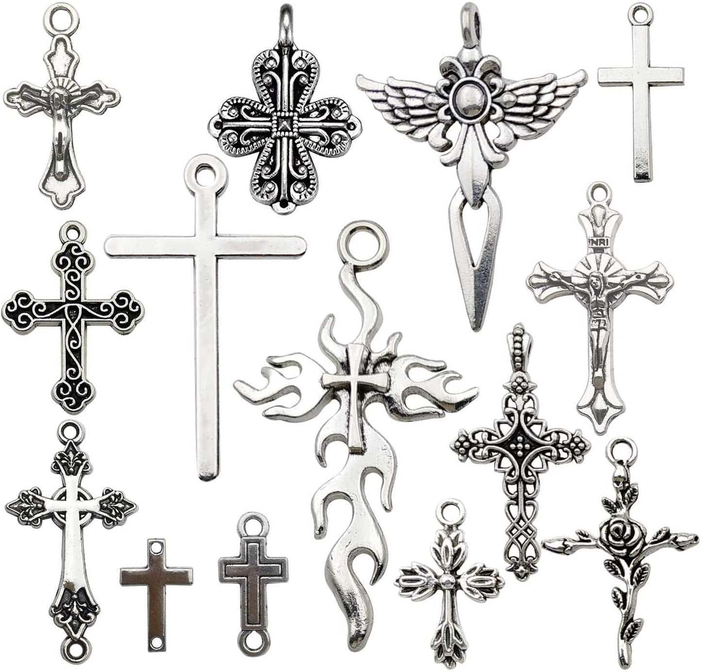 100G Big Cross Pendants Collection - Antique Bronze Silver Sword Holy Angel Jesus Peace Cross Crucifix Metal Charms for Jewelry Making DIY Findings (HM23) Silver Croos Charm-41pcs