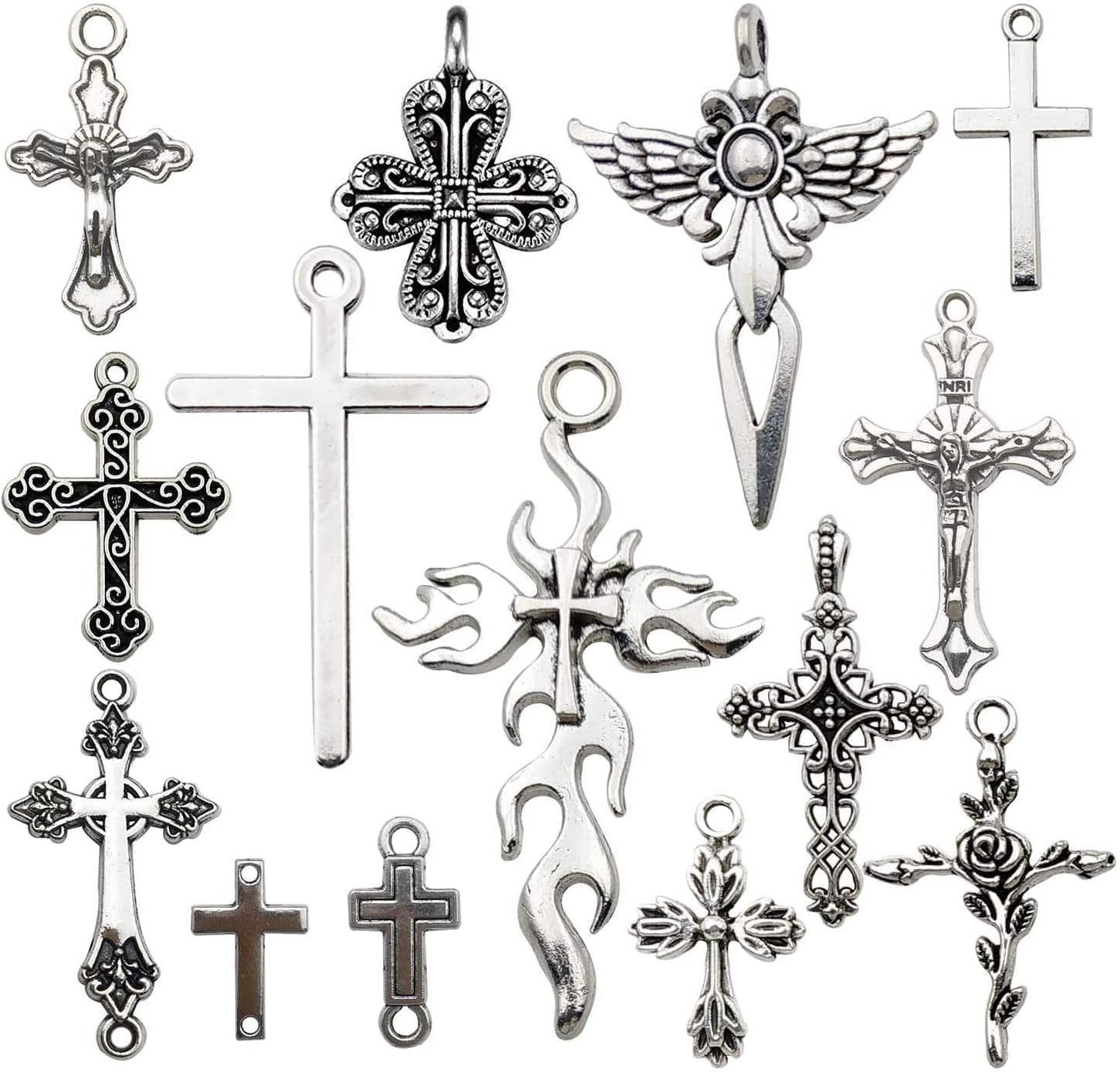 100G Big Cross Pendants Collection - Antique Bronze Silver Sword Holy Angel Jesus Peace Cross Crucifix Metal Charms for Jewelry Making DIY Findings (HM23) Silver Croos Charm-41pcs