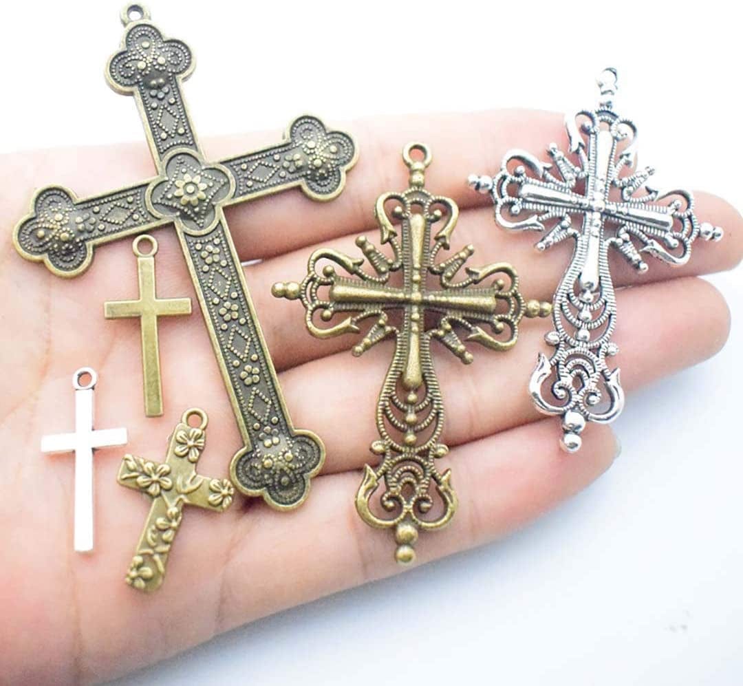 100G Big Cross Pendants Collection - Antique Bronze Silver Sword Holy Angel Jesus Peace Cross Crucifix Metal Charms for Jewelry Making DIY Findings (HM23)