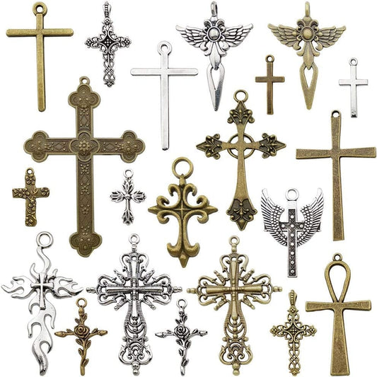 100G Big Cross Pendants Collection - Antique Bronze Silver Sword Holy Angel Jesus Peace Cross Crucifix Metal Charms for Jewelry Making DIY Findings (HM23) Mix Cross Charms-20pcs