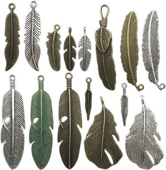 100G Feather Charms Collection - Antique Silver Bronze Patina Big Goose Bird Plume Plumage Pinion Wing Feather Metal Pendants for Jewelry Making DIY Findings (HM17) Feather