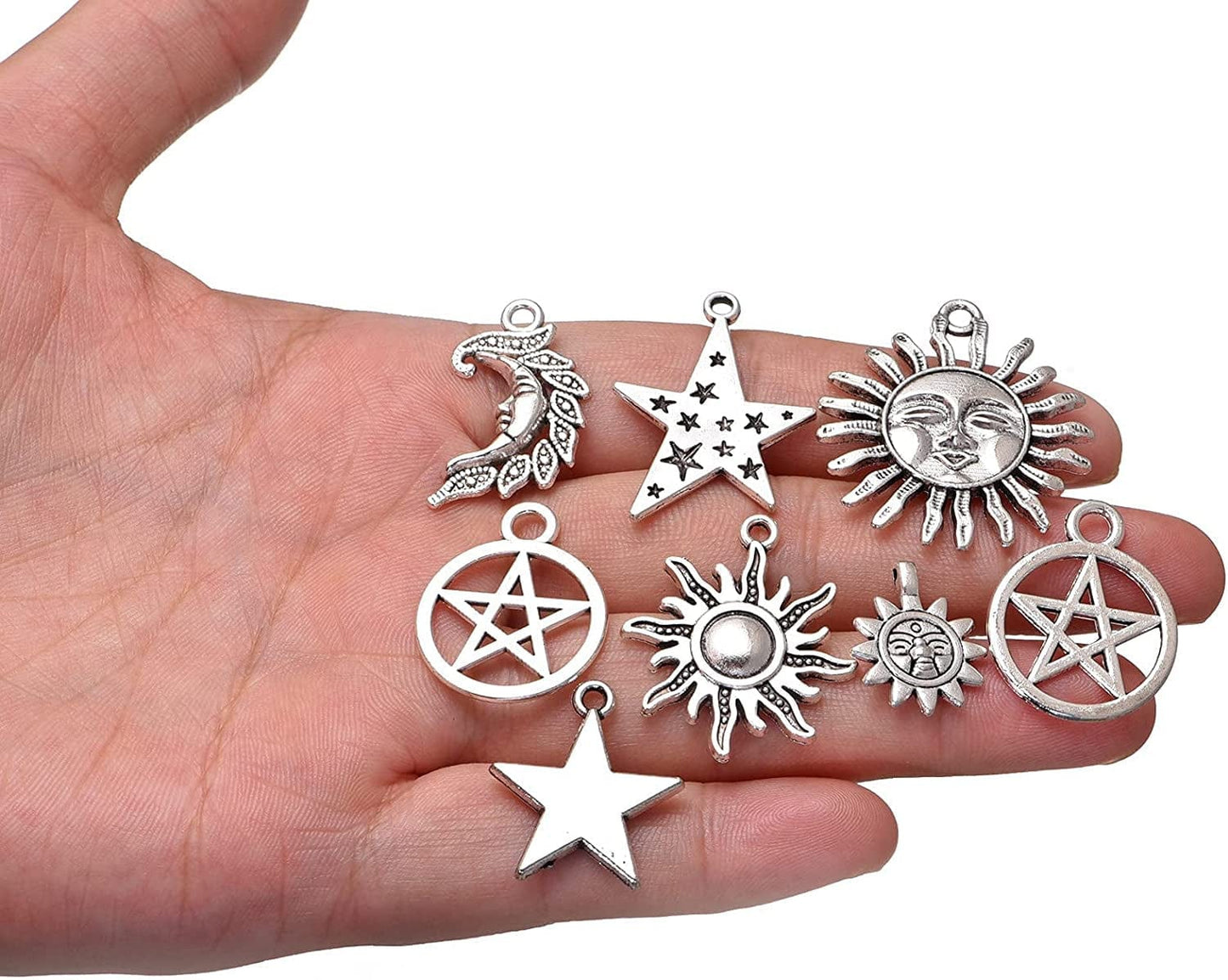 100G Mixed Lightning Stars Moon Sun Celestial Antique Silver Alloy Charm for Jewelry Making DIY Bracelet Necklace Earrings Bag Decor Pendants