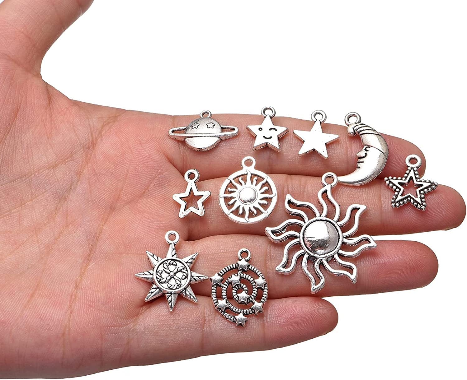 100G Mixed Lightning Stars Moon Sun Celestial Antique Silver Alloy Charm for Jewelry Making DIY Bracelet Necklace Earrings Bag Decor Pendants