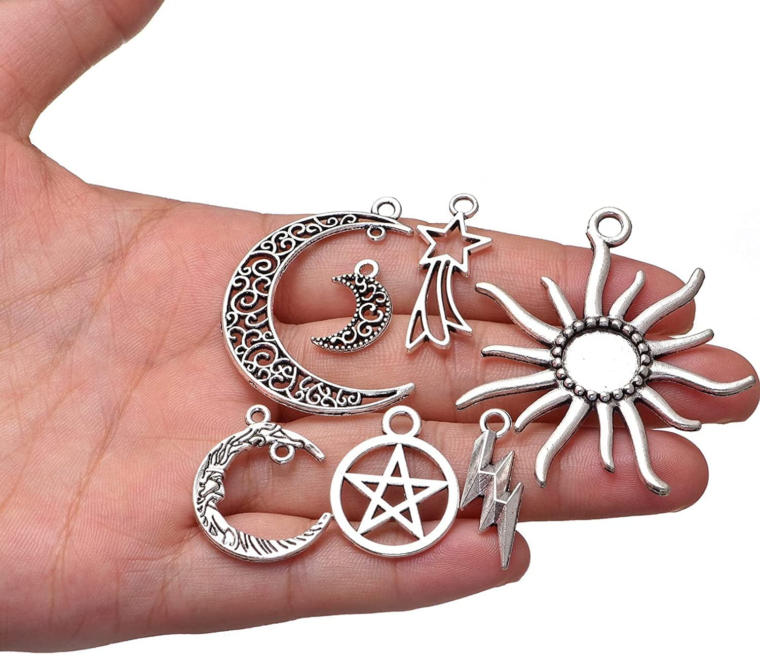 100G Mixed Lightning Stars Moon Sun Celestial Antique Silver Alloy Charm for Jewelry Making DIY Bracelet Necklace Earrings Bag Decor Pendants