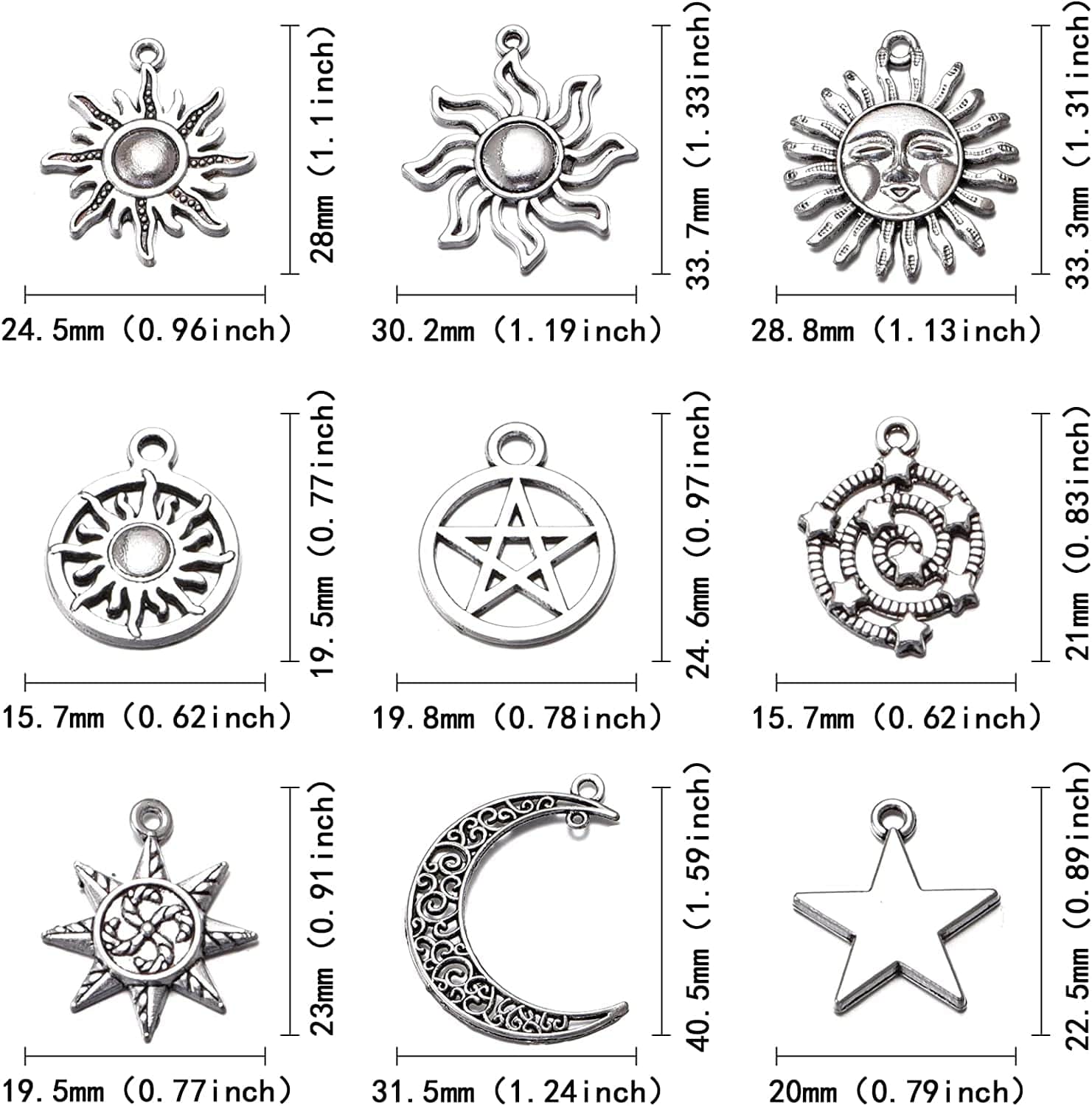 100G Mixed Lightning Stars Moon Sun Celestial Antique Silver Alloy Charm for Jewelry Making DIY Bracelet Necklace Earrings Bag Decor Pendants
