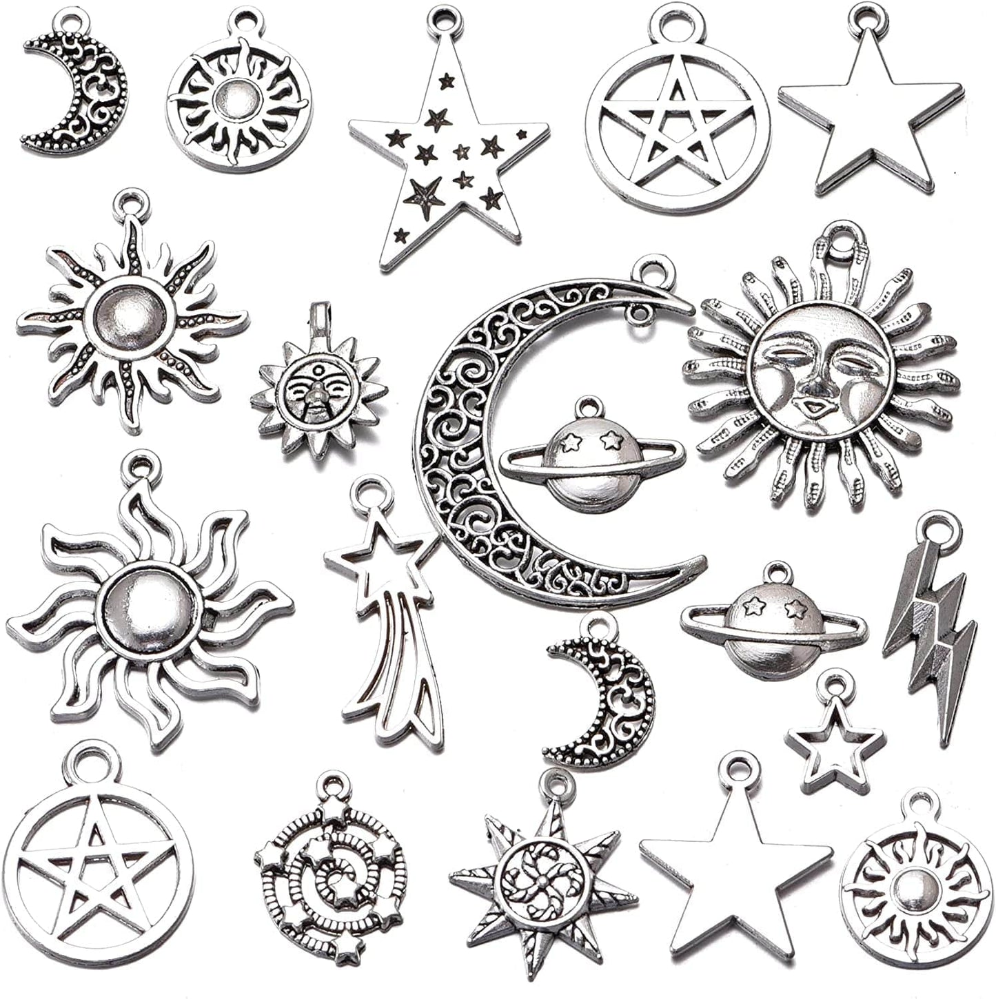 100G Mixed Lightning Stars Moon Sun Celestial Antique Silver Alloy Charm for Jewelry Making DIY Bracelet Necklace Earrings Bag Decor Pendants