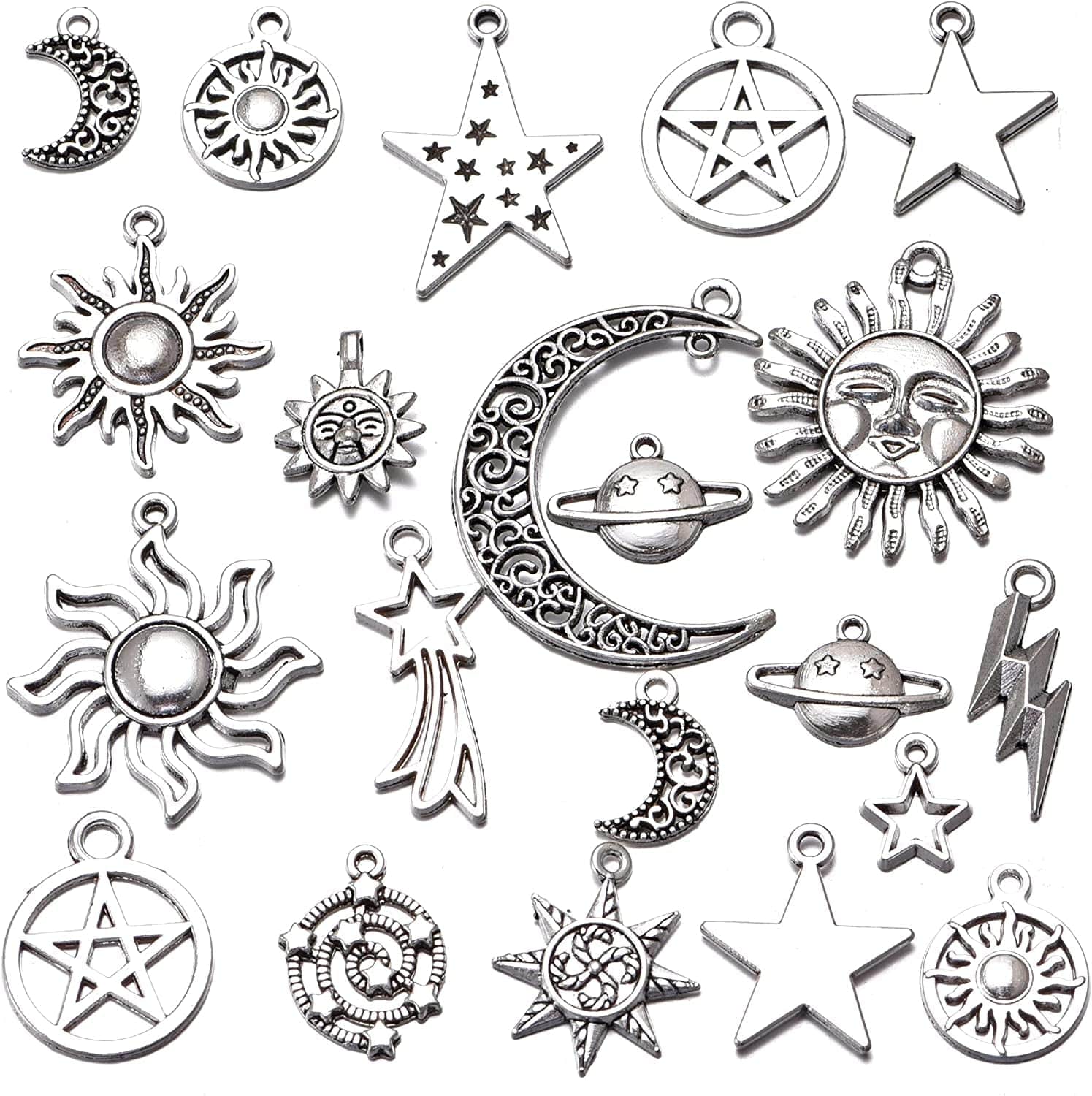 100G Mixed Lightning Stars Moon Sun Celestial Antique Silver Alloy Charm for Jewelry Making DIY Bracelet Necklace Earrings Bag Decor Pendants