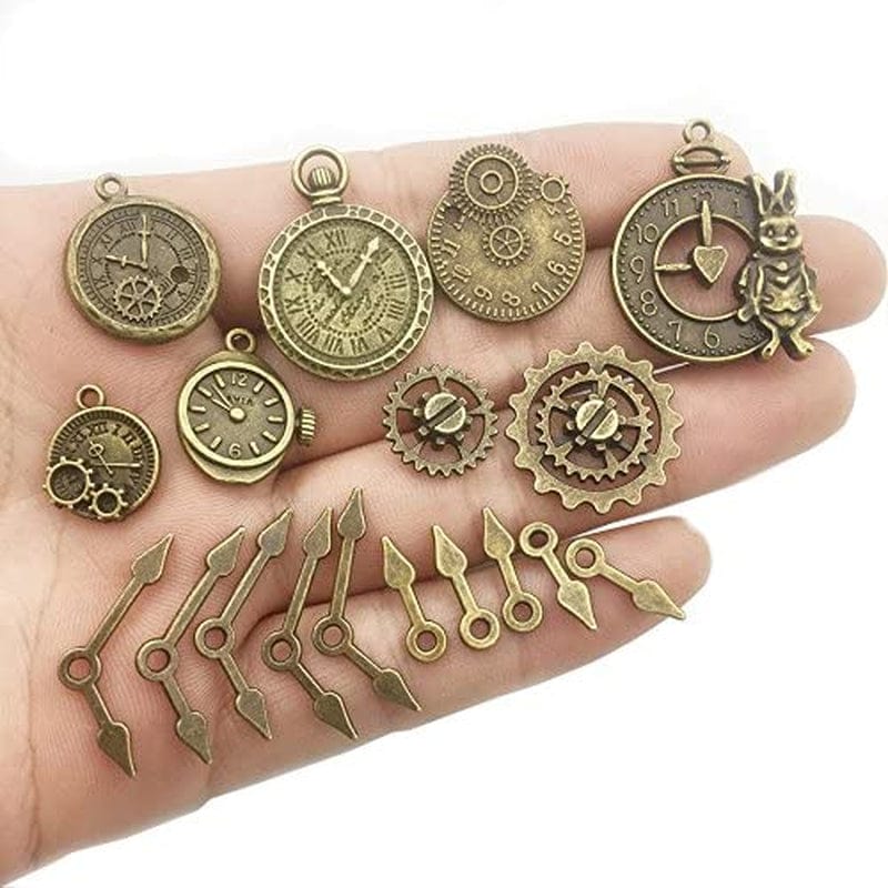 100G Steampunk Clock Face Dial Pointer Charm Pendant, Mix Antique Metal Pendant Supplies Findings for Jewelry Making (Bronze HM71) Bronze Clock Charms