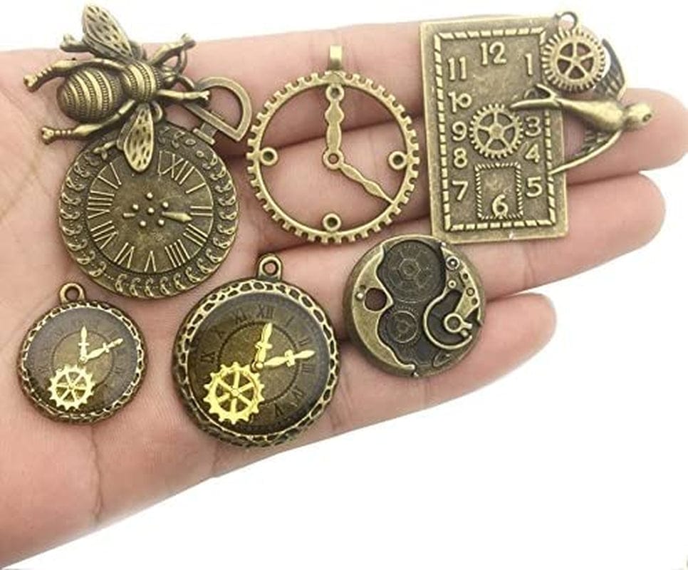 100G Steampunk Clock Face Dial Pointer Charm Pendant, Mix Antique Metal Pendant Supplies Findings for Jewelry Making (Bronze HM71) Bronze Clock Charms