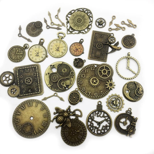 100G Steampunk Clock Face Dial Pointer Charm Pendant, Mix Antique Metal Pendant Supplies Findings for Jewelry Making (Bronze HM71) Bronze Clock Charms